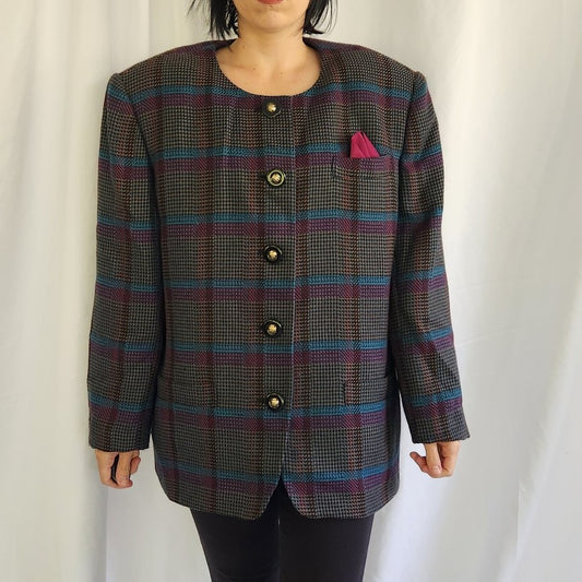 90s Gray, Purple, and Blue Plaid Blazer