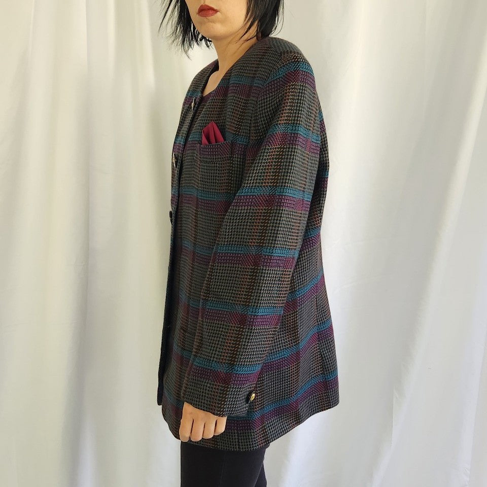 90s Gray, Purple, and Blue Plaid Blazer