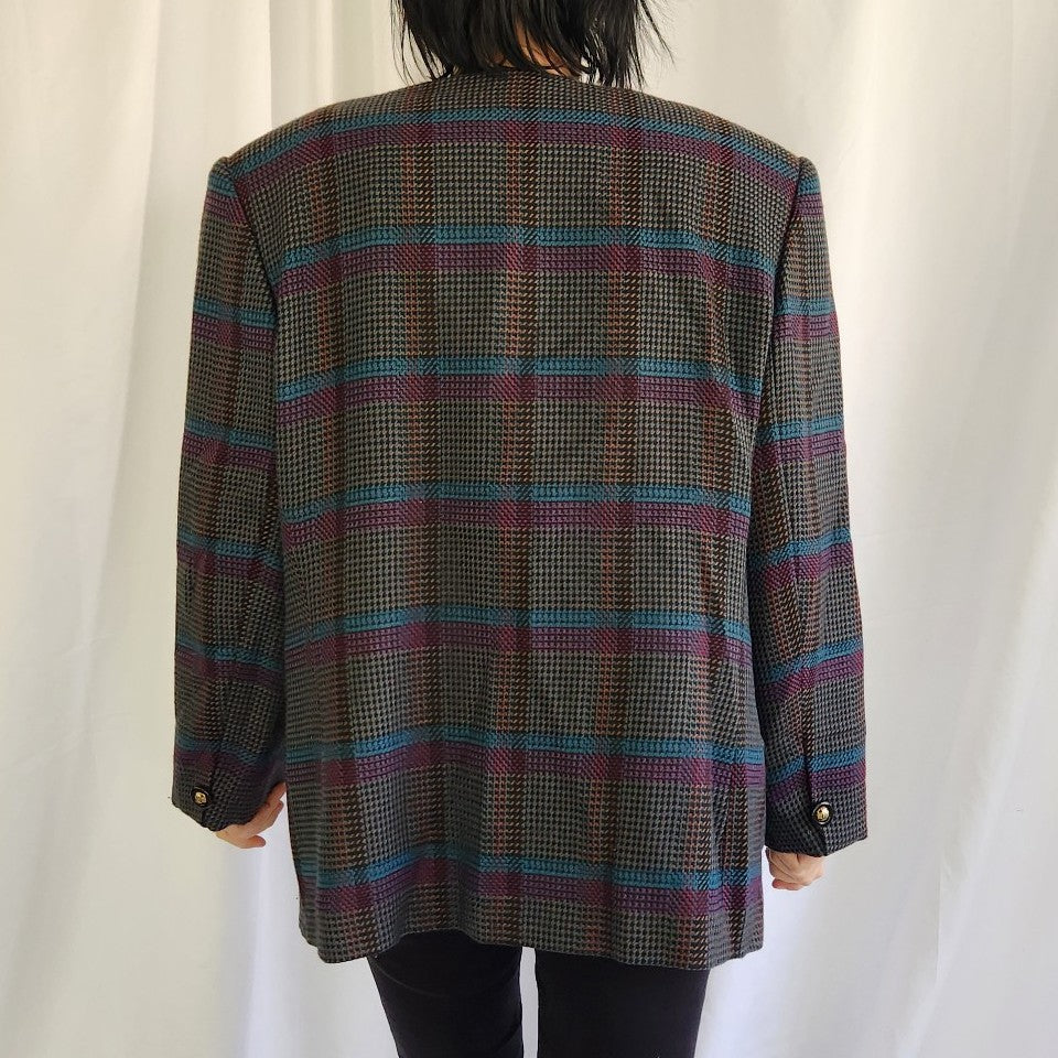 90s Gray, Purple, and Blue Plaid Blazer