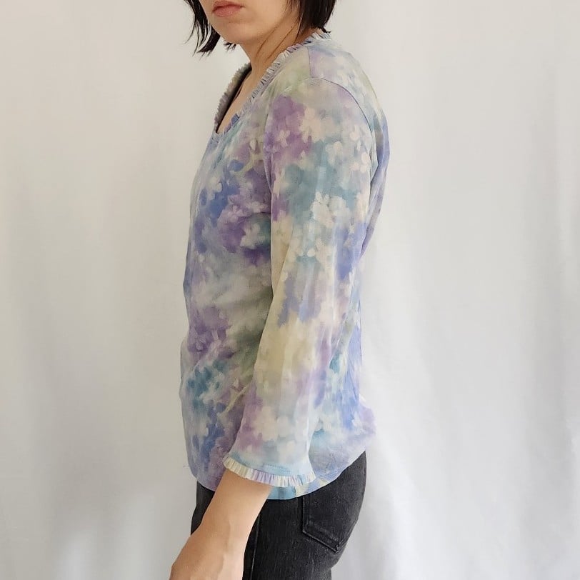 90s/Y2K Purple and Blue Watercolor Floral Blouse