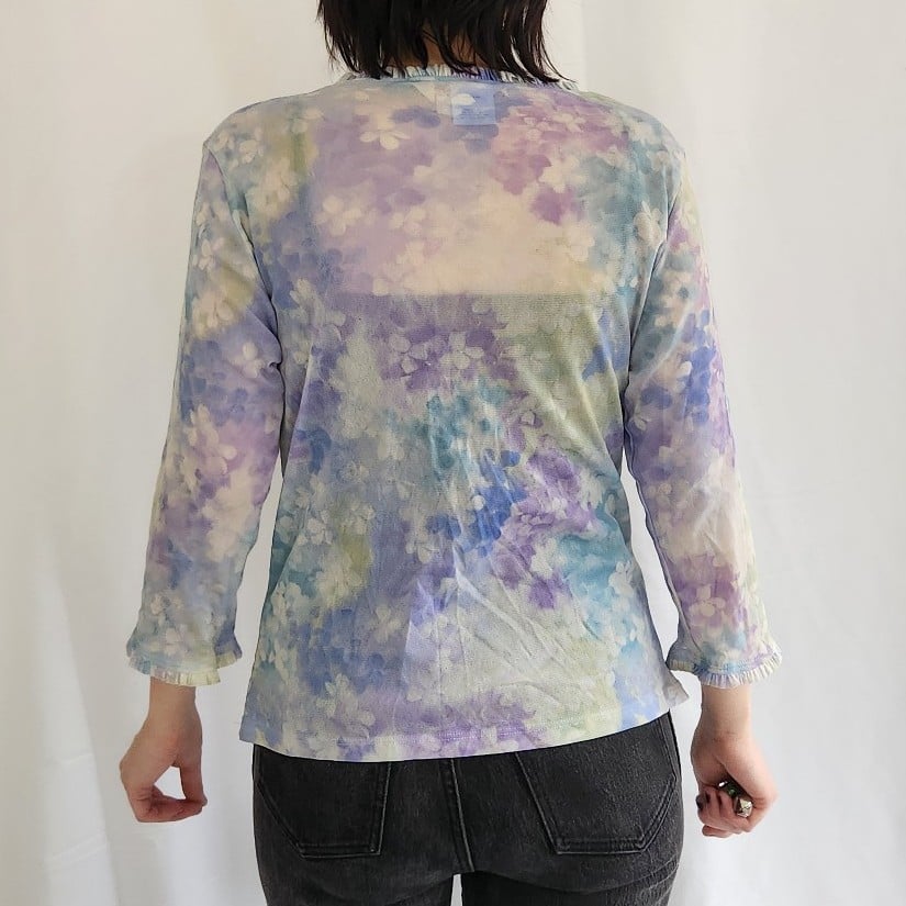90s/Y2K Purple and Blue Watercolor Floral Blouse