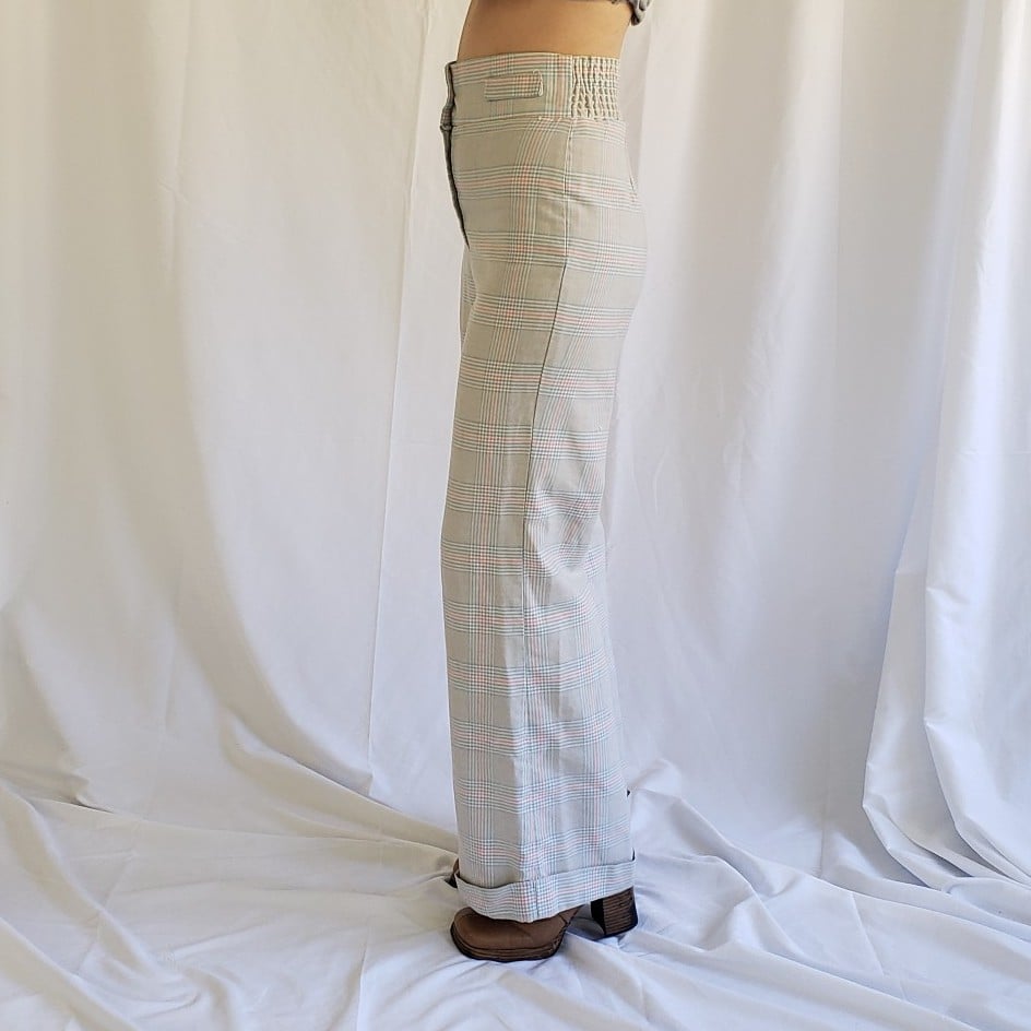 70s Gray, Blue, and Pink Plaid Bell Bottoms