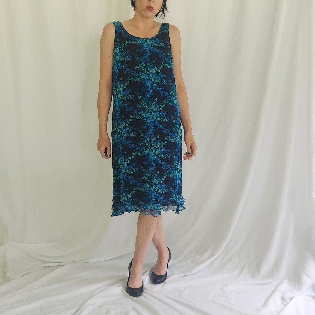 90s 100% Silk Blue and Green Floral Sheath Dress