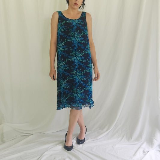 90s 100% Silk Blue and Green Floral Sheath Dress
