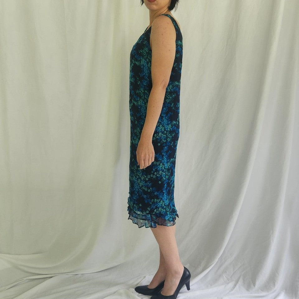 90s 100% Silk Blue and Green Floral Sheath Dress