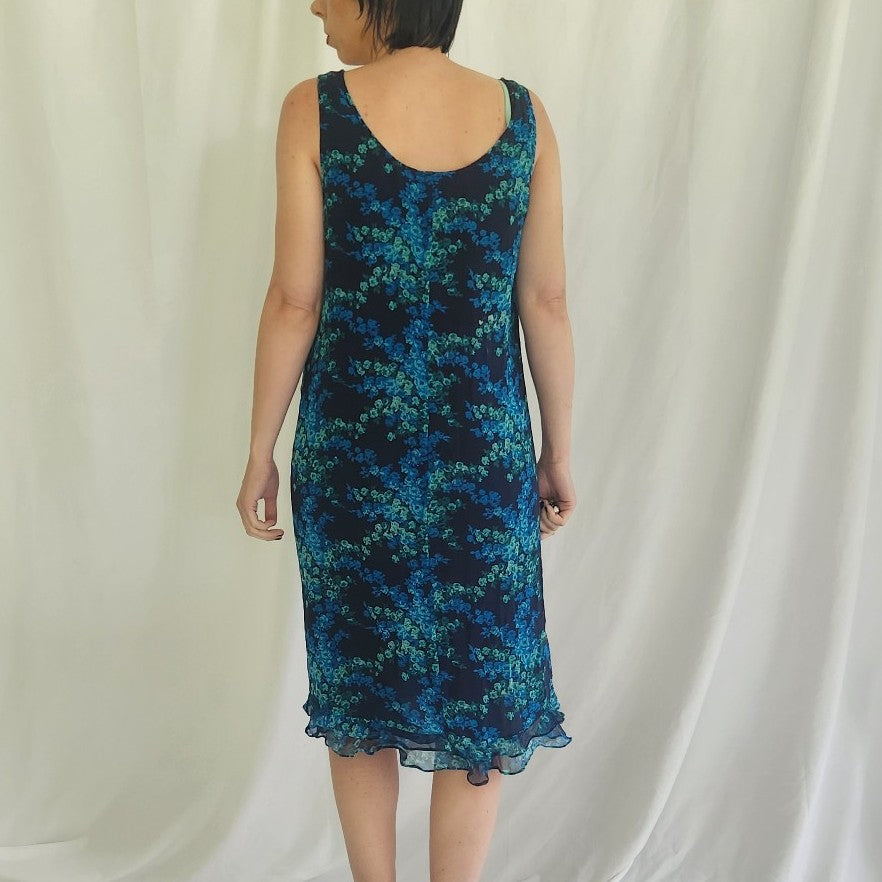 90s 100% Silk Blue and Green Floral Sheath Dress