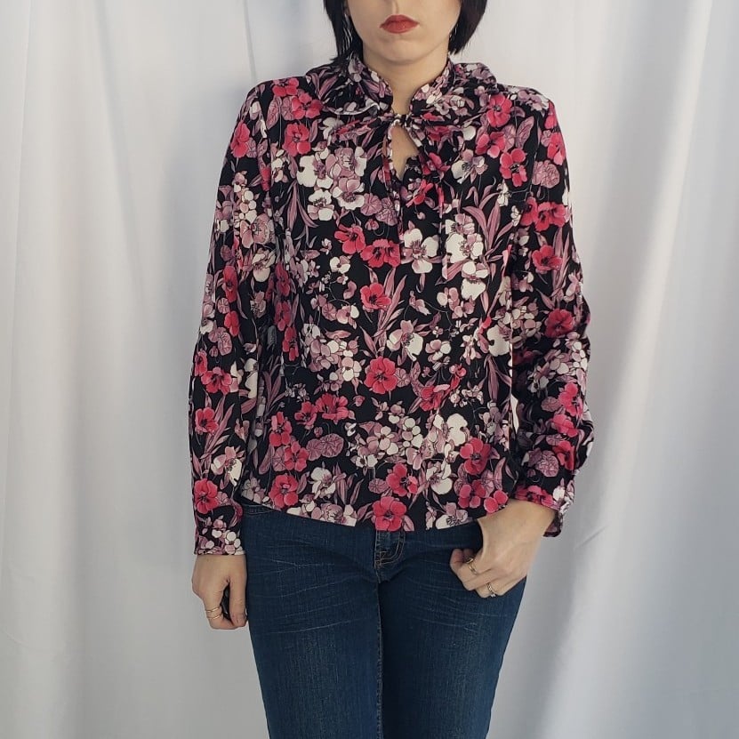 70s Hand Made Black and Pink Floral Top