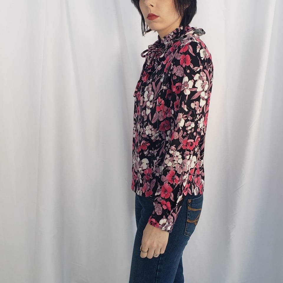 70s Hand Made Black and Pink Floral Top