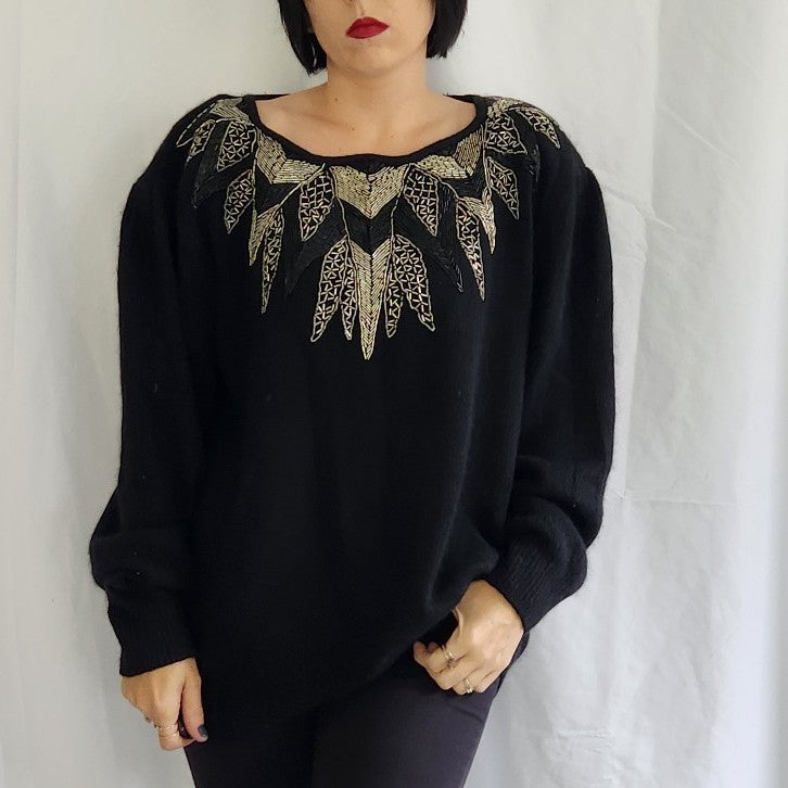 80s Black Beaded Silk and Angora Blend Sweater