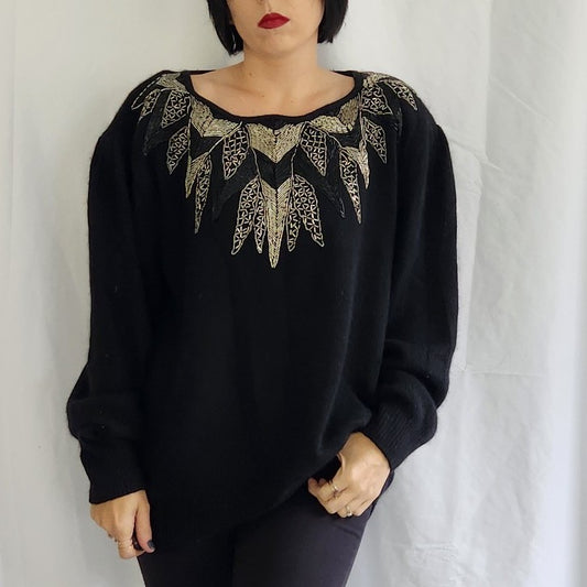 80s Black Beaded Silk and Angora Blend Sweater