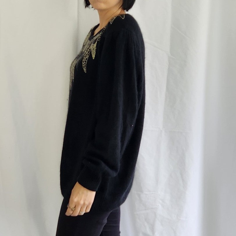 80s Black Beaded Silk and Angora Blend Sweater