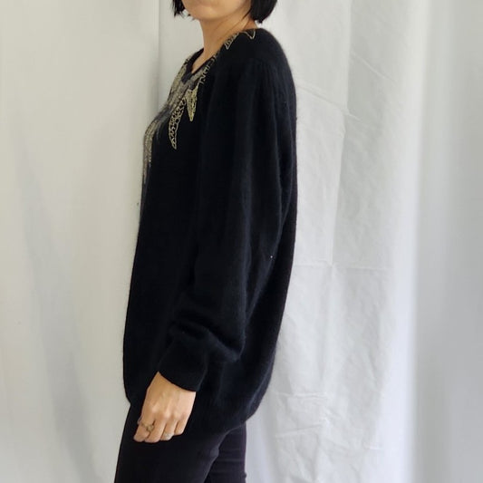 80s Black Beaded Silk and Angora Blend Sweater