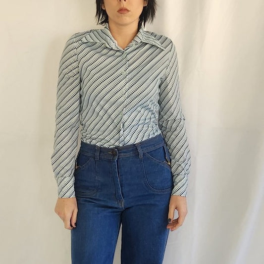 70s Blue Polka Dot Dagger Collar Shirt