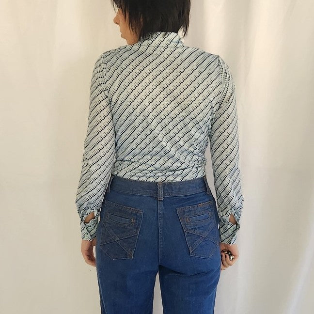 70s Blue Polka Dot Dagger Collar Shirt