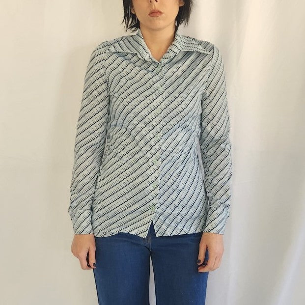 70s Blue Polka Dot Dagger Collar Shirt