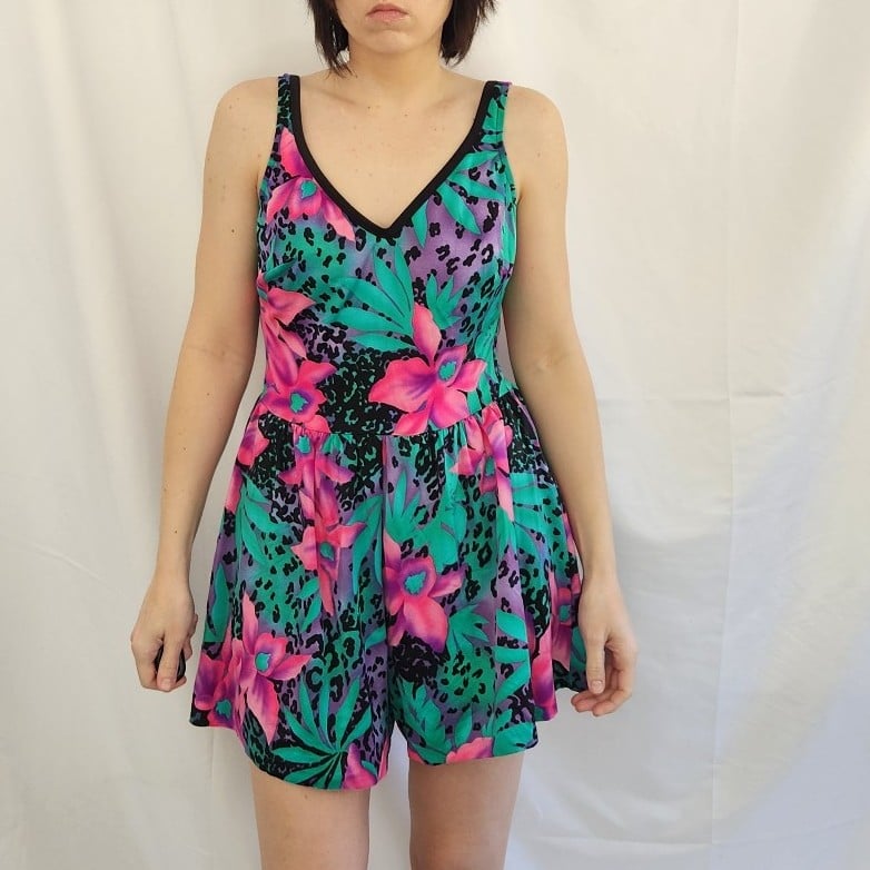 90s Pink and Teal Floral Swimsuit