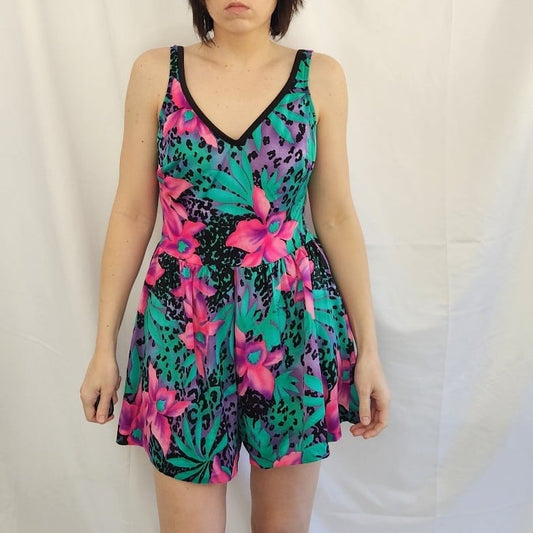 90s Pink and Teal Floral Swimsuit