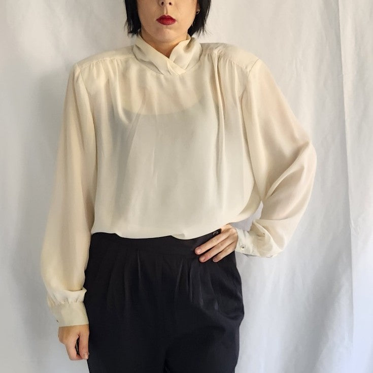 80s Beige Sheer High Neck Blouse