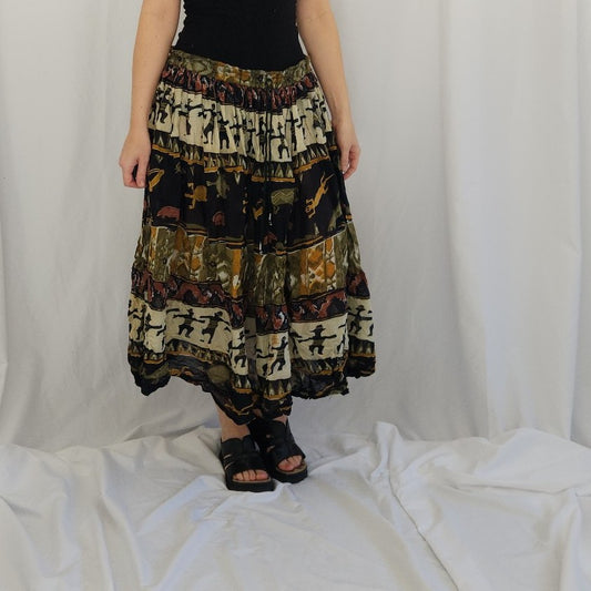90s Green, Black, and Brown Boho Skirt