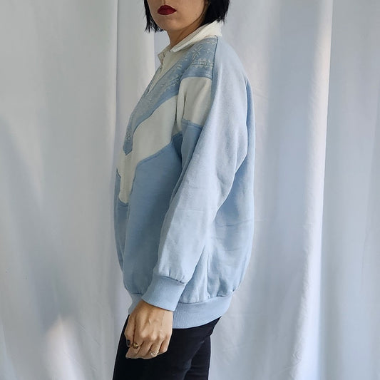 80s/90s Blue and White Quarter Zip Sweatshirt