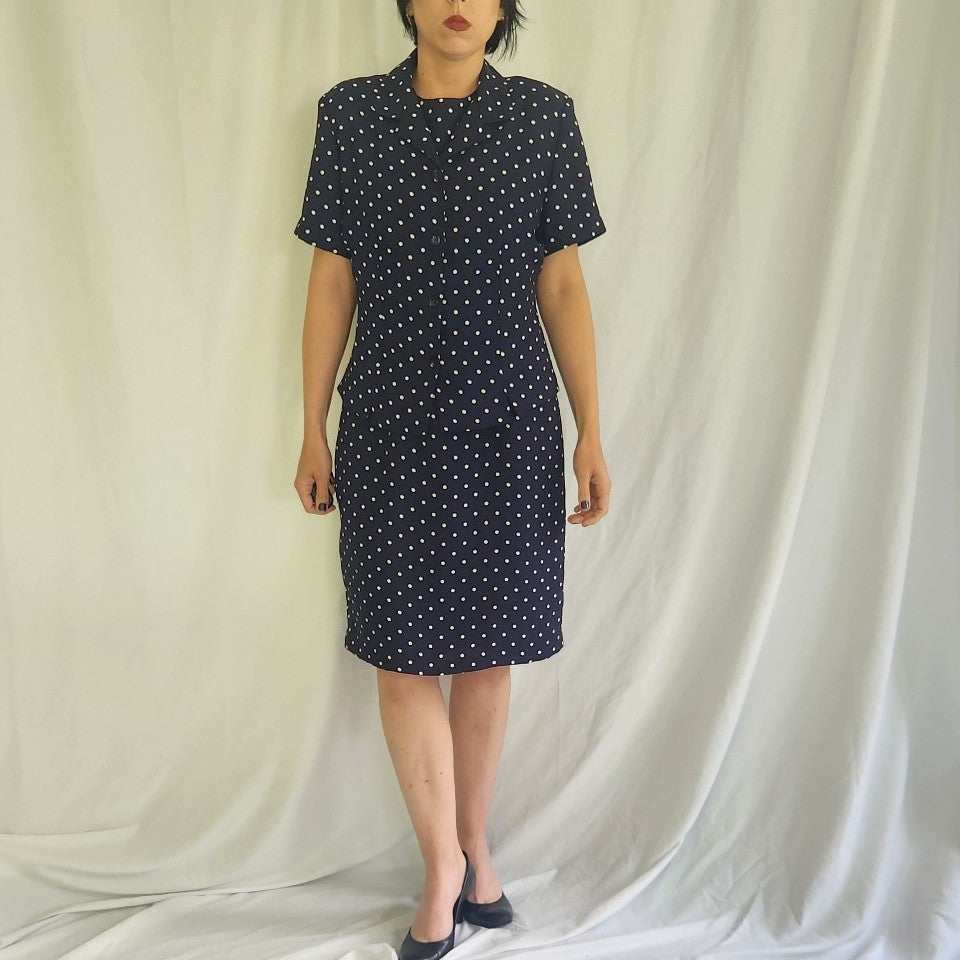 90s Navy and White Polka Dot Dress and Skirt Set