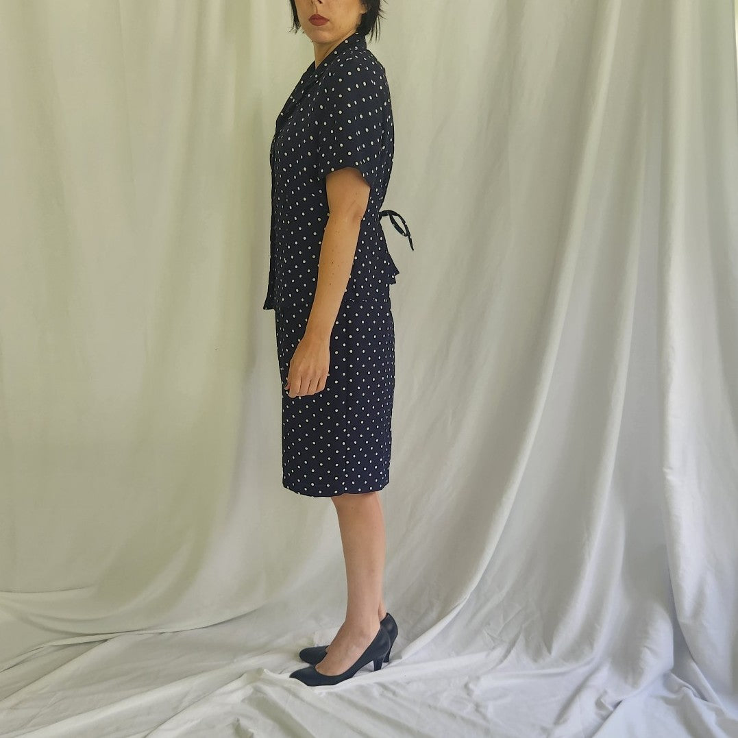 90s Navy and White Polka Dot Dress and Skirt Set