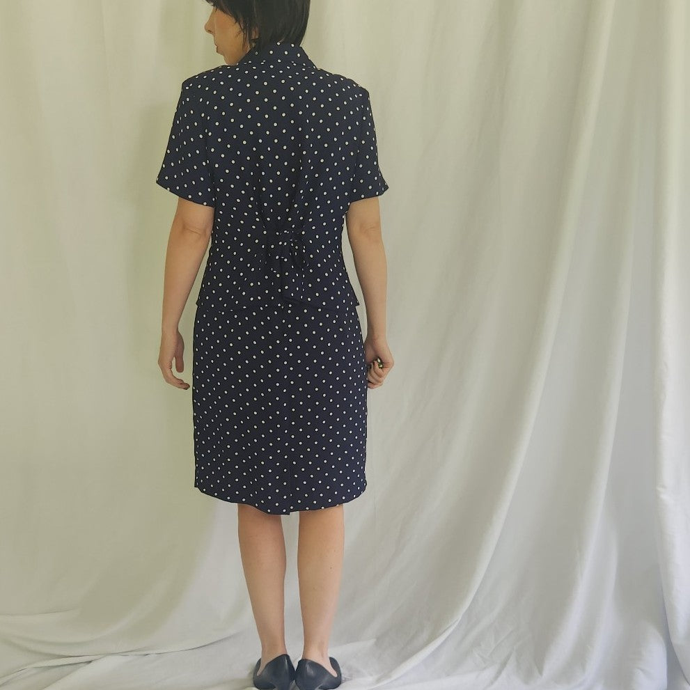 90s Navy and White Polka Dot Dress and Skirt Set