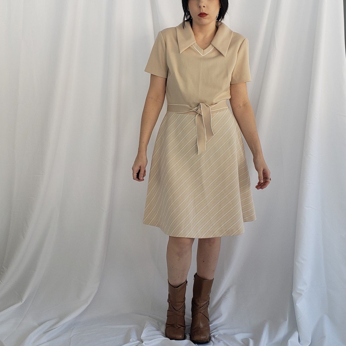70s Beige and White Striped Short Sleeve Day Dress