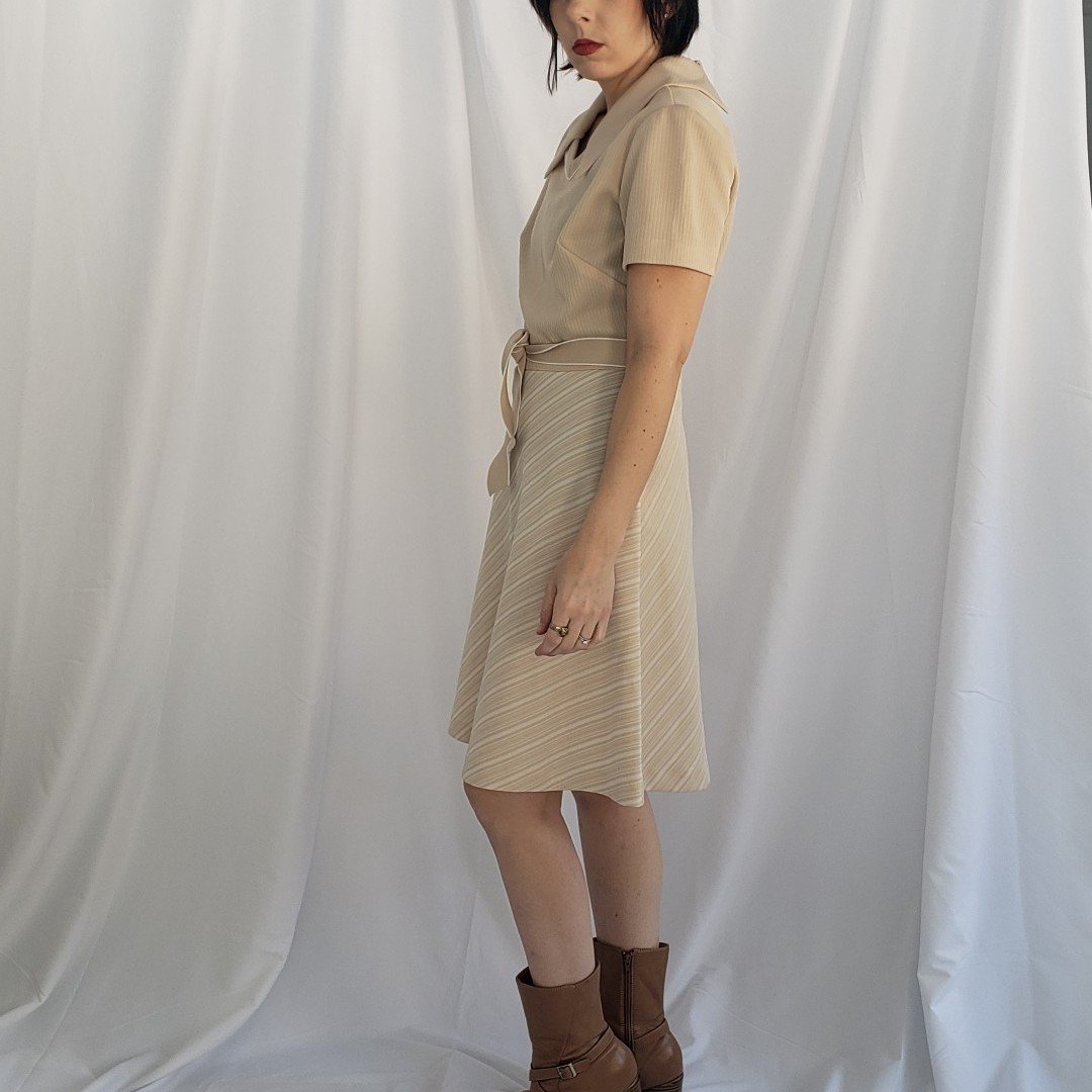 70s Beige and White Striped Short Sleeve Day Dress