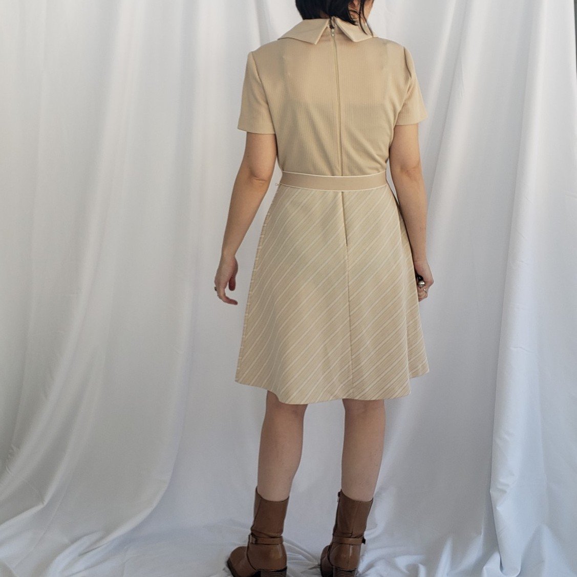 70s Beige and White Striped Short Sleeve Day Dress