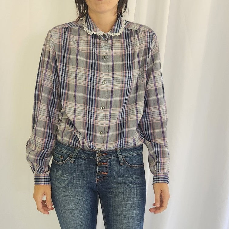 70s Gray Plaid Button Down Blouse