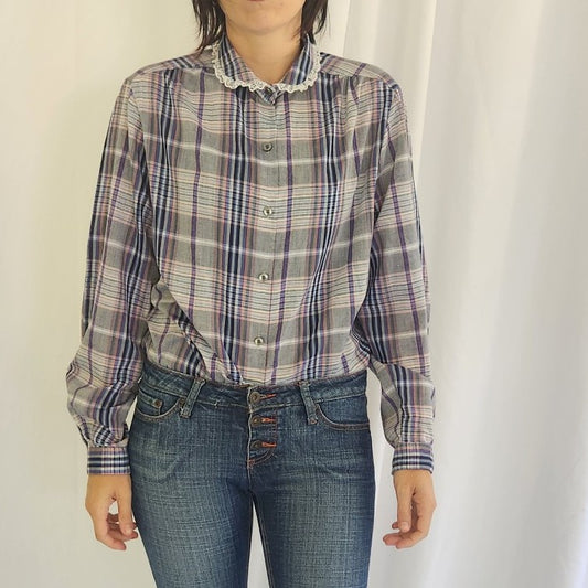 70s Gray Plaid Button Down Blouse