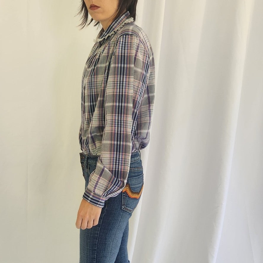 70s Gray Plaid Button Down Blouse