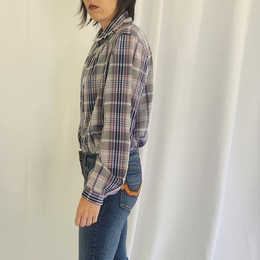 70s Gray Plaid Button Down Blouse