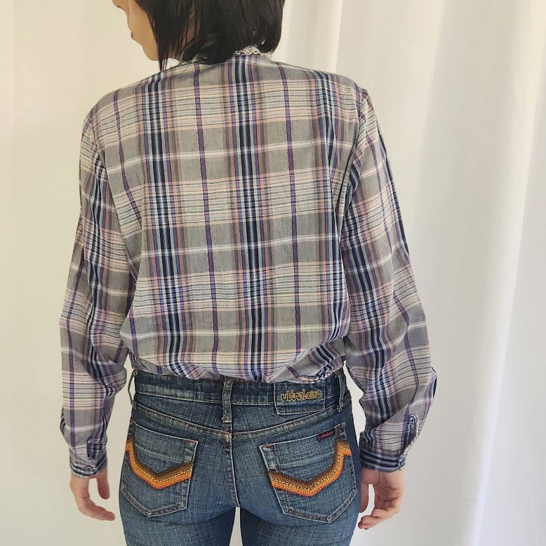 70s Gray Plaid Button Down Blouse