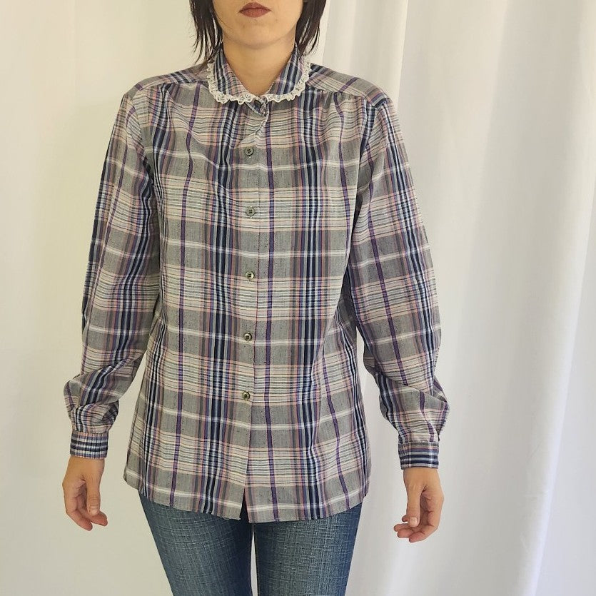 70s Gray Plaid Button Down Blouse