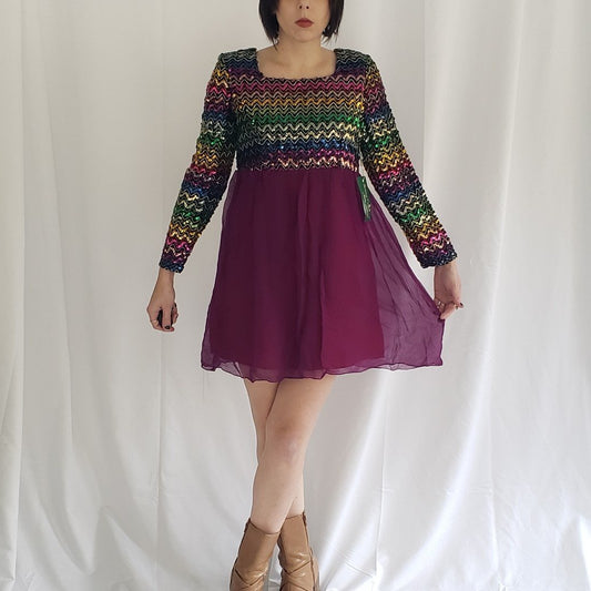 70s Deadstock Sequined Purple and Black Mini Dress