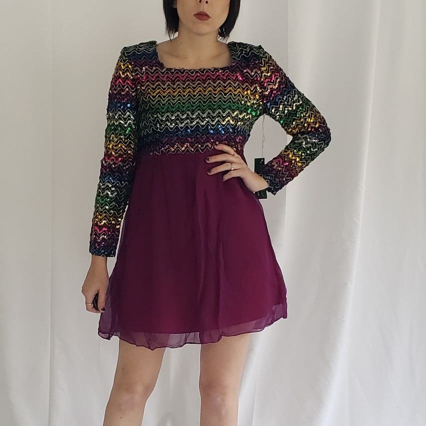 70s Deadstock Sequined Purple and Black Mini Dress