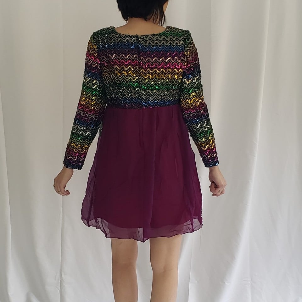 70s Deadstock Sequined Purple and Black Mini Dress