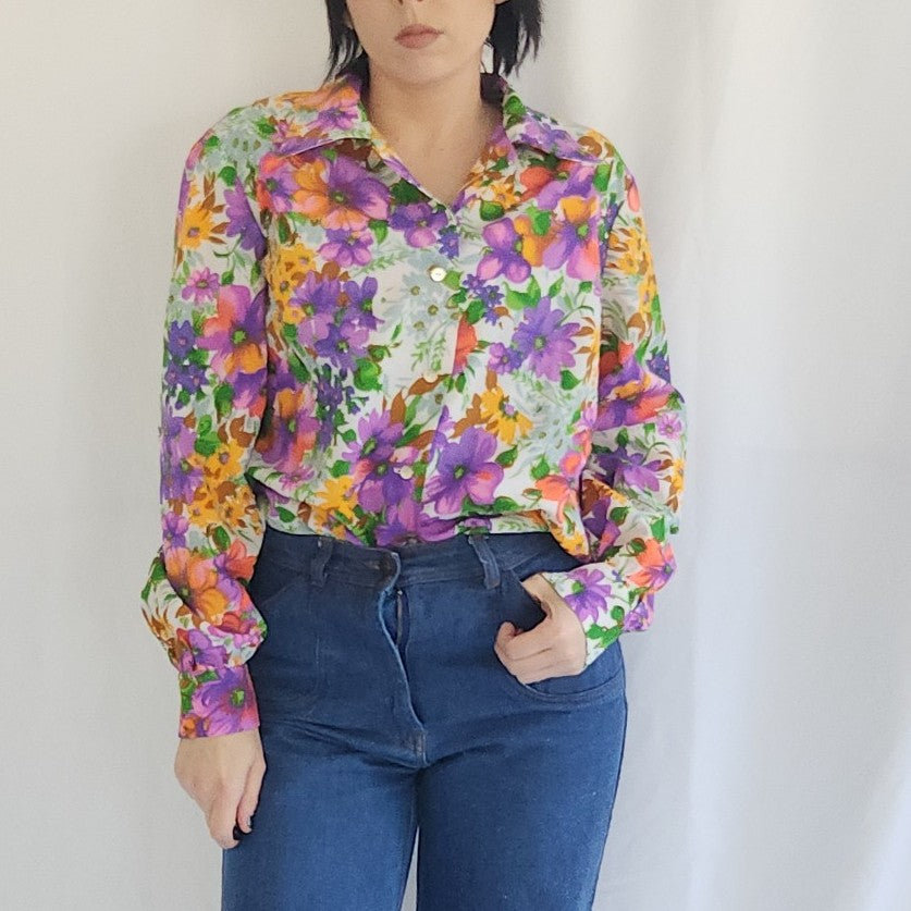 70s Home Made Purple and Orange Flower Power Button Down Shirt