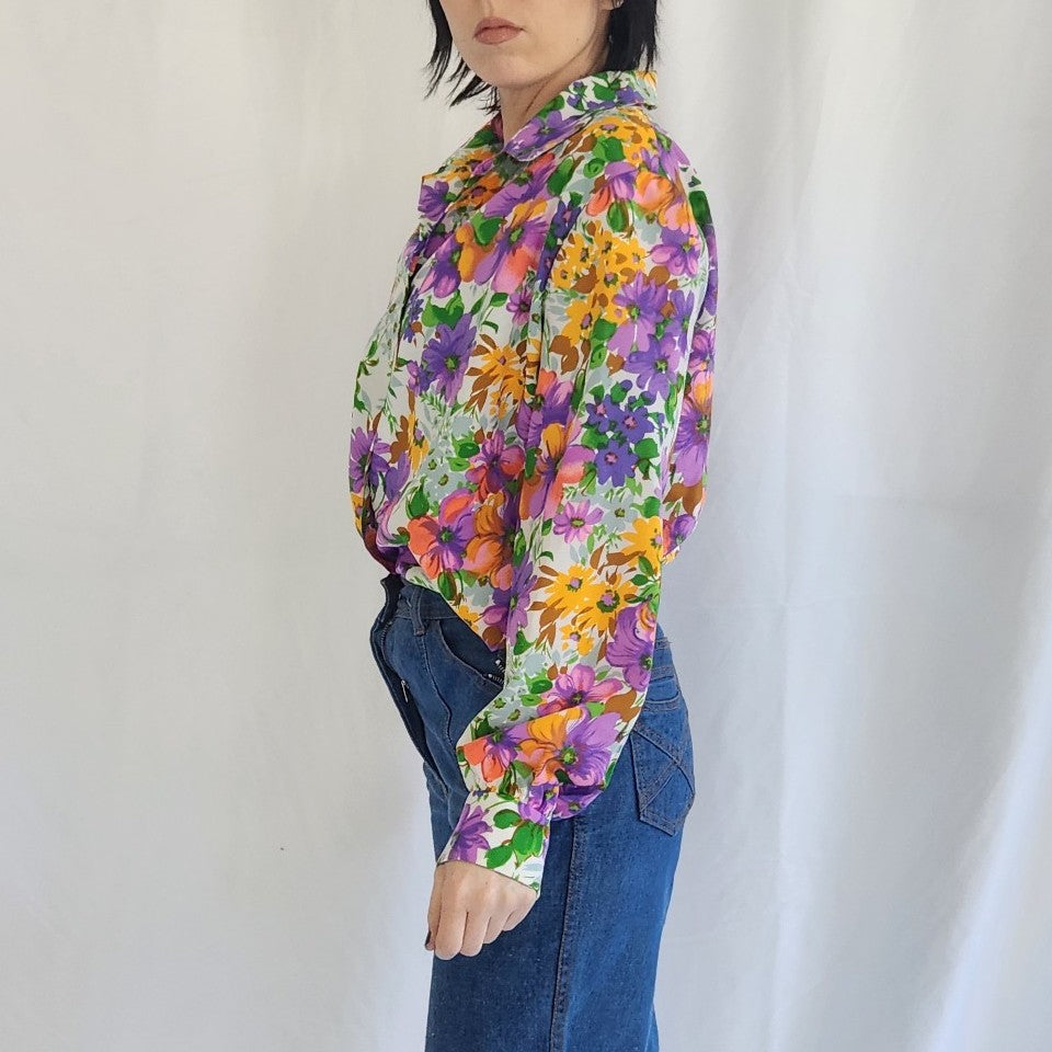 70s Home Made Purple and Orange Flower Power Button Down Shirt