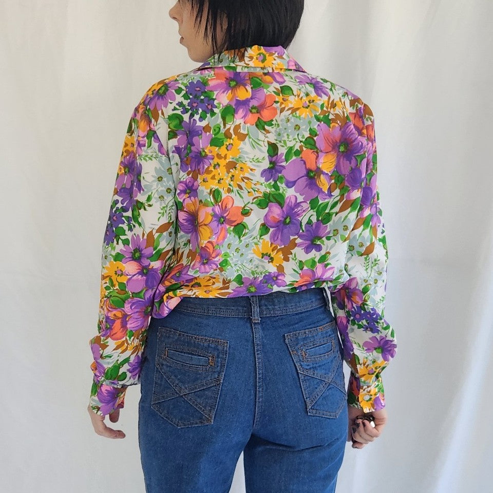 70s Home Made Purple and Orange Flower Power Button Down Shirt