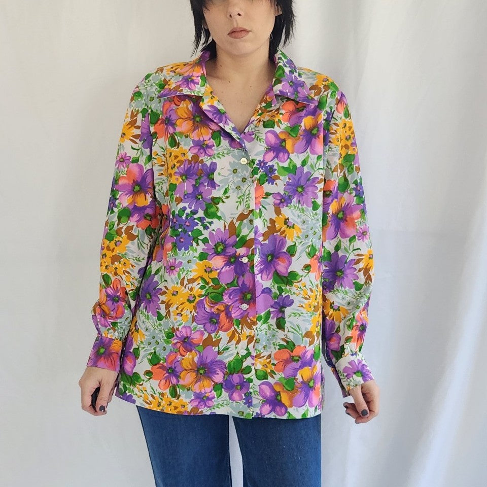 70s Home Made Purple and Orange Flower Power Button Down Shirt