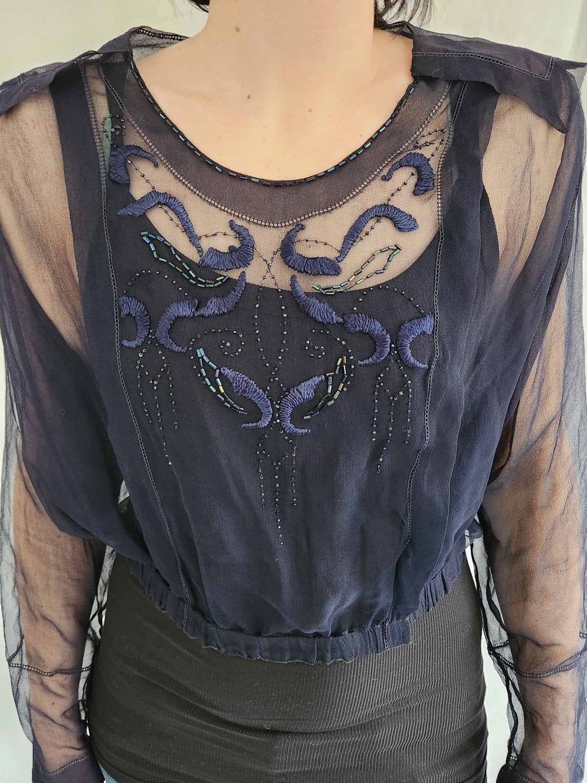 30s Navy Blue Embroidered Beaded Top