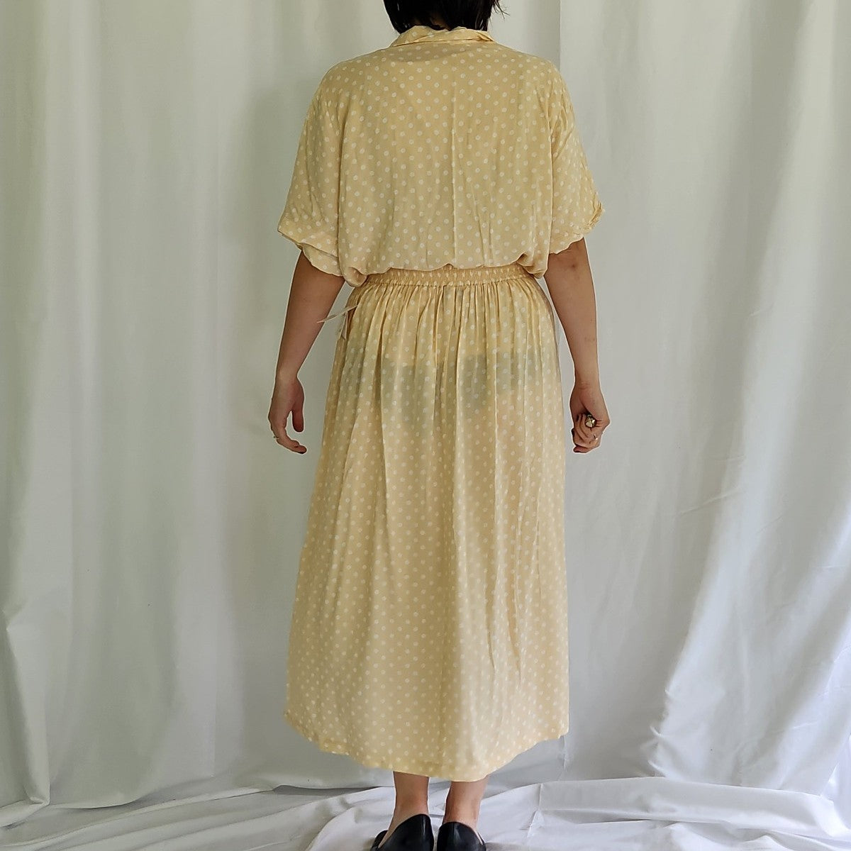90s Tan and White Rayon Polka Dot Skirt and Top Set