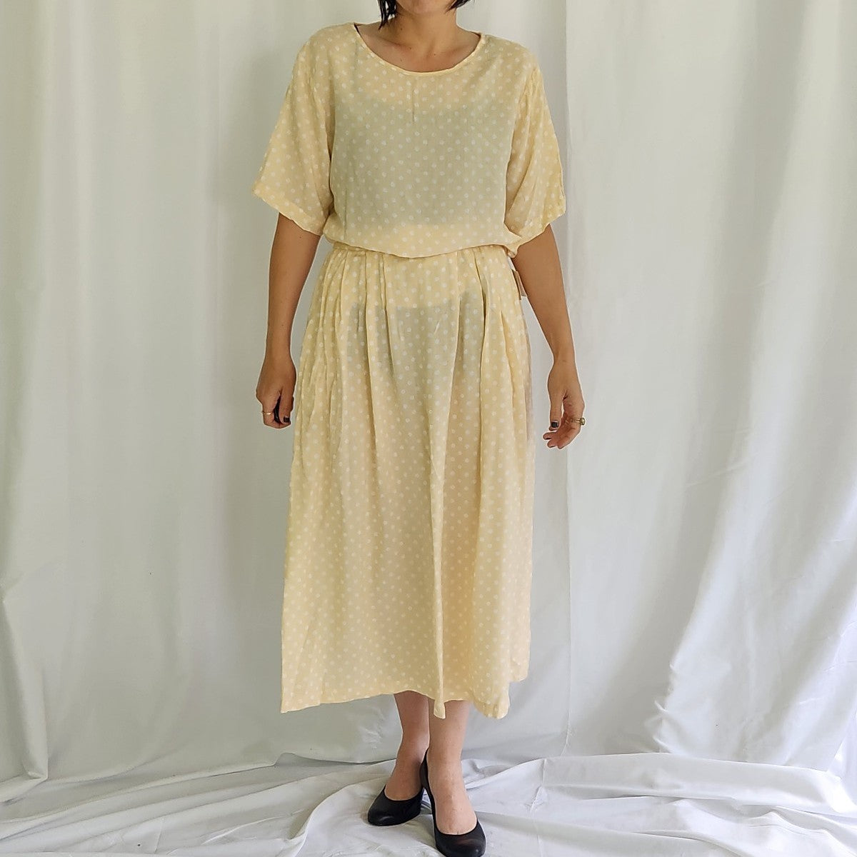 90s Tan and White Rayon Polka Dot Skirt and Top Set