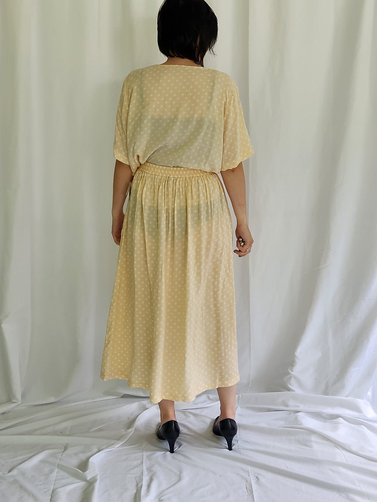 90s Tan and White Rayon Polka Dot Skirt and Top Set