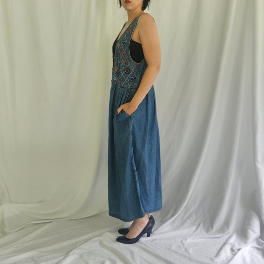 90s/00s Floral Embroidered Sleeveless Denim Dress