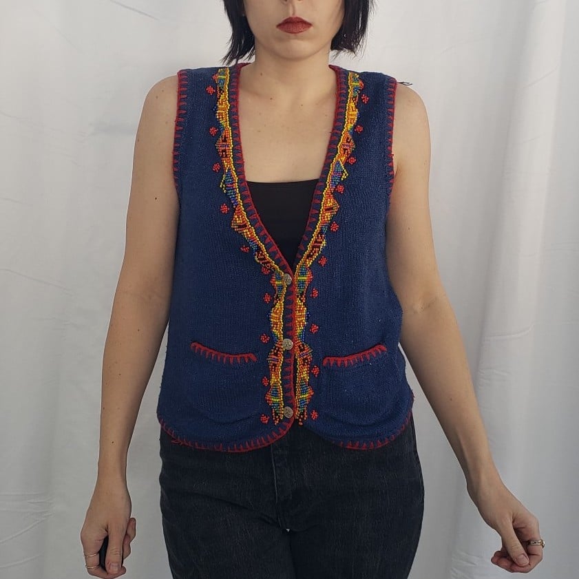 90s Blue Beaded Silk Sweater Vest
