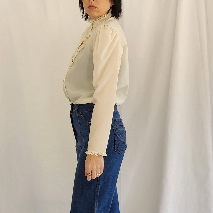 70s Ivory High Neck Lacy Blouse